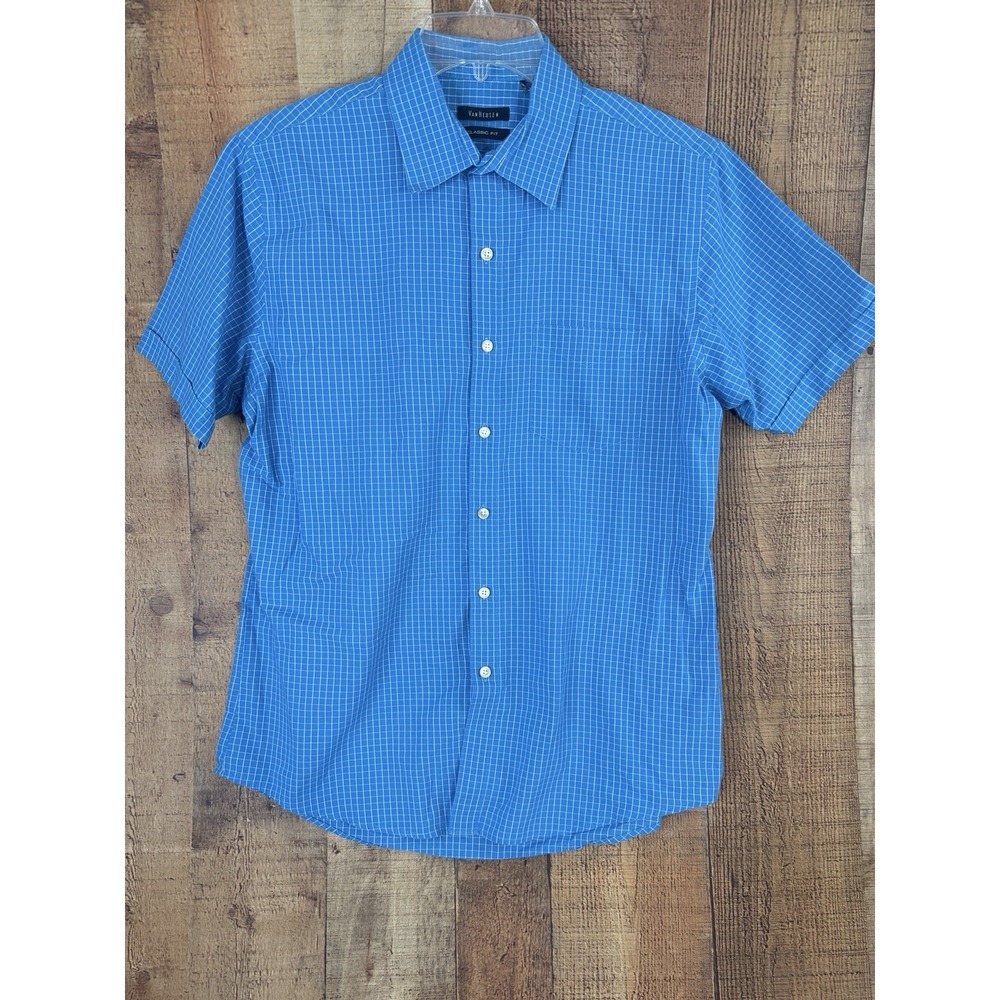 Van Heusen Shirt Mens Medium Blue Windowpane Short Sleeve Classic Fit Preppy